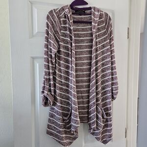 SO Hooded Open-Front Cardigan in Mauve and White Stripes